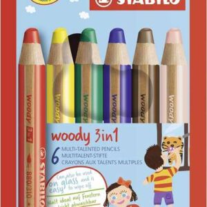 stabilo woody 3 en 1 pack de 6 lapices de colores lapiz de color, cera y acuarela, todo en uno mina xxl 10mm colores surtidos