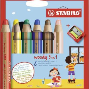 stabilo woody 3 en 1 pack de 6 lapices de colores + sacapuntas lapiz de color, cera y acuarela, todo en uno mina xxl 10mm colores surtidos