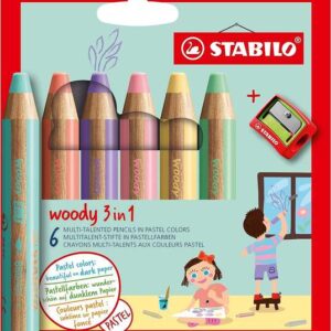 stabilo woody 3 en 1 pack de 6 lapices de colores pastel + sacapuntas lapiz de color, cera y acuarela, todo en uno mina xxl 10mm colores surtidos pastel