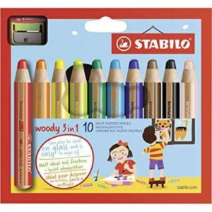 stabilo woody 3 en 1 pack de 10 lapices de colores + sacapuntas lapiz de color, cera y acuarela, todo en uno mina xxl 10mm colores surtidos