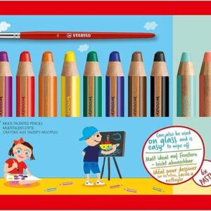 stabilo woody 3 en 1 pack de 18 lapices de colores incluidos pastel + sacapuntas + pincel nº 8 lapiz de color, cera y acuarela, todo en uno mina xxl 10mm colores surtidos