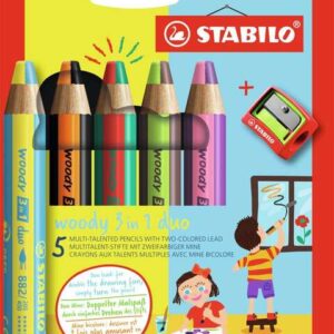 stabilo woody 3 en 1 duo pack de 5 lapices de colores + sacapuntas mina 2 colores xxl 10mm lapiz de color, cera acuarela, todo en uno colores surtidos