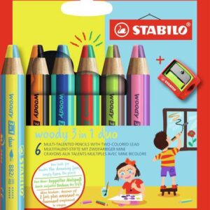 stabilo woody 3 en 1 duo pack de 6 lapices de colores + sacapuntas mina 2 colores xxl 10mm lapiz de color, cera acuarela, todo en uno colores surtidos