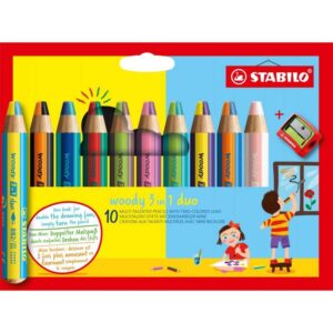 stabilo woody 3 en 1 duo pack de 10 lapices de colores + sacapuntas mina 2 colores xxl 10mm lapiz de color, cera acuarela, todo en uno colores surtidos