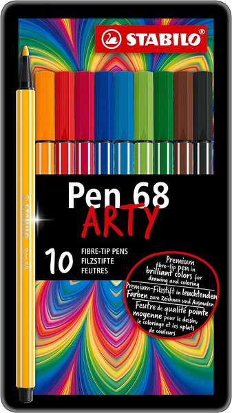 stabilo pen 68 arty caja metalica de 10 rotuladores punta de fibra trazo de 1mm aprox. tinta a base de agua capuchon ventilado colores surtidos