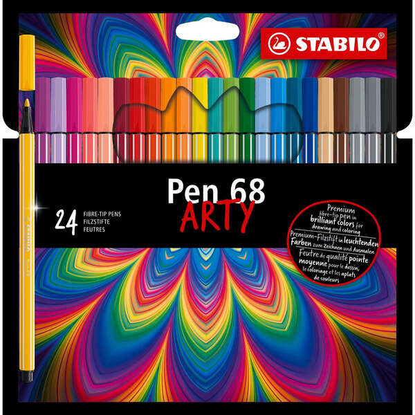 stabilo pen 68 arty pack de 24 rotuladores punta de fibra trazo de 1mm aprox. tinta a base de agua capuchon ventilado colores surtidos