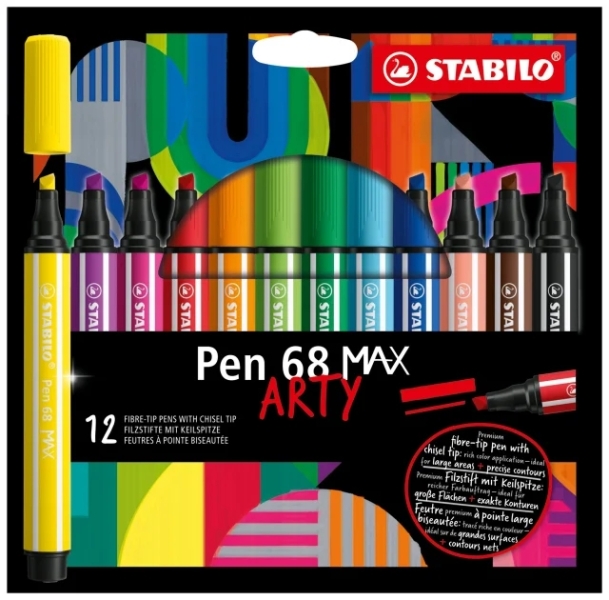 stabilo pen 68 max arty pack de 12 rotuladores punta de fibra biselada trazo entre 1 5mm aprox. tinta a base de agua colores surtidos