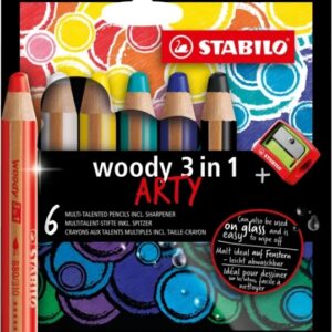stabilo woody 3 en 1 arty pack de 6 lapices de colores + sacapuntas lapiz de color, cera y acuarela, todo en uno mina xxl 10mm colores surtidos