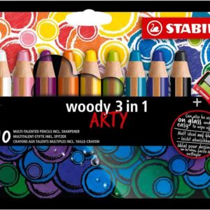 stabilo woody 3 en 1 arty pack de 10 lapices de colores + sacapuntas lapiz de color, cera y acuarela, todo en uno mina xxl 10mm colores surtidos