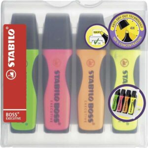 stabilo boss executive pack de 4 marcadores fluorescentes zona de agarre trazo entre 2 y 5mm recargable tinta con base de agua colores surtidos