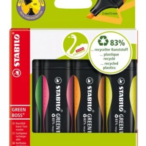 stabilo green boss pack de 4 marcadores fluorescentes fabricado con un 83% de plastico reciclado trazo entre 2 y 5mm recargable colores surtidos