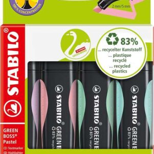 stabilo green boss pastel pack de 4 marcadores fluorescentes fabricado con un 83% de plastico reciclado trazo entre 2 y 5mm recargable colores surtidos pastel