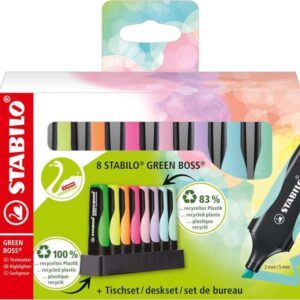 stabilo green boss set de mesa de 8 marcadores fluorescentes fabricado con un 83% de plastico reciclado trazo entre 2 y 5mm recargable colores surtidos