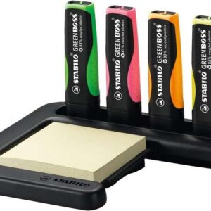 stabilo green boss set de mesa de 4 marcadores fluorescentes 83% plastico reciclado + bloc de notas adhesivas 100% papel reciclado set fabricado 98% plastico reciclado colores surtidos