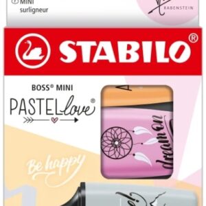 stabilo boss mini pastellove pack de 3 marcadores fluorescentes trazo entre 2 y 5mm tinta con base de agua antisecado colores fucsia, naranja y gris