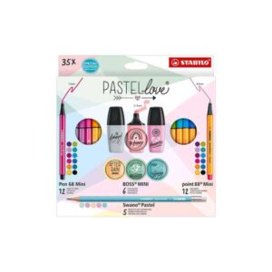 stabilo pastellove pack de 35 marcadores y rotuladores 12 rotuladores premium pen 68 mini, 12 rotuladores point 88 mini, 6 rotuladores fluorescentes boss mini pastellove y 5 lapices de grafito swano pastel colores surtidos