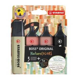 stabilo boss naturecolors pack de 4 marcadores trazo entre 2 y 5mm tinta con base de agua colores negro, ocre oscuro, siena y verde barro