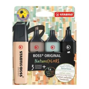 stabilo boss naturecolors pack de 4 marcadores trazo entre 2 y 5mm tinta con base de agua colores negro, beige, gris calido y verde tierra