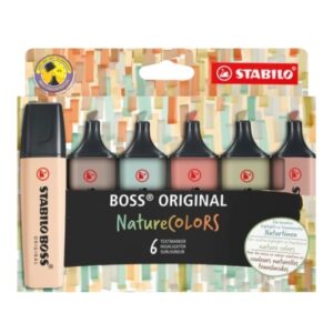 stabilo boss naturecolors pack de 6 marcadores trazo entre 2 y 5mm tinta con base de agua colores siena, beige, ocre oscuro, gris calido, verde barro y verde tierra