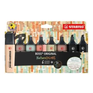 stabilo boss naturecolors pack de 8 marcadores trazo entre 2 y 5mm tinta con base de agua colores siena, beige, ocre oscuro, gris calido, verde barro, verde tierra y negro (x2)