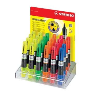 stabilo luminator expositor de 24 marcadores fluorescentes mayor suministro de tinta zona de agarre trazo entre 2 y 5mm colores verde, amarillo, rosa, azul, rojo y naranja