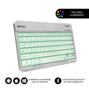subblim teclado smart backlit bt conectividad bluetooth 30 iluminacion ajustable en 7 colores diseño delgado de 6mm tecnologia de membrana de alta precision bateria de larga duracion color gris