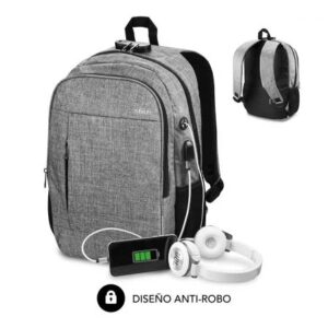 subblim mochila urban lock system para portatiles de hasta 16" bloqueo antirrobo correas ergonomicas espalda con sistema airflow doble cremallera bolsillos laterales de malla puerto usb salida de auriculares color gris