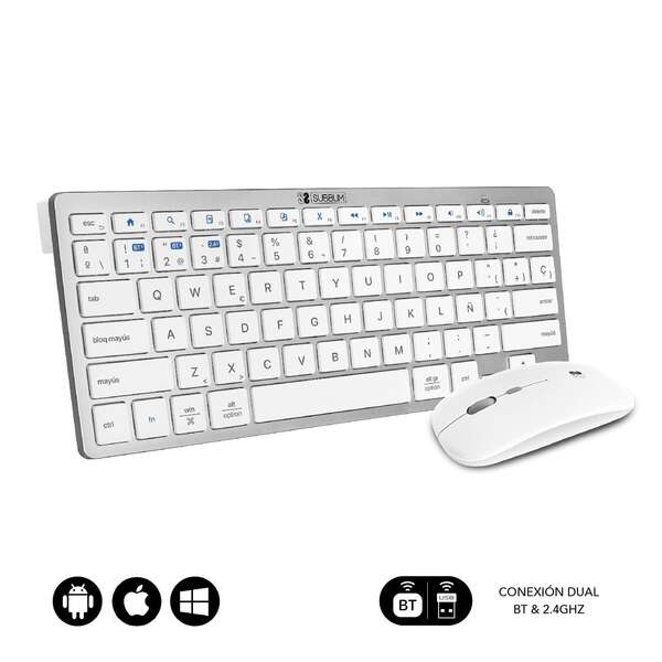 subblim combo multidispositivo compacto conectividad inalambrica multidispositivo compatible con windows, android, ios y macos control multimedia teclado en español color blanco