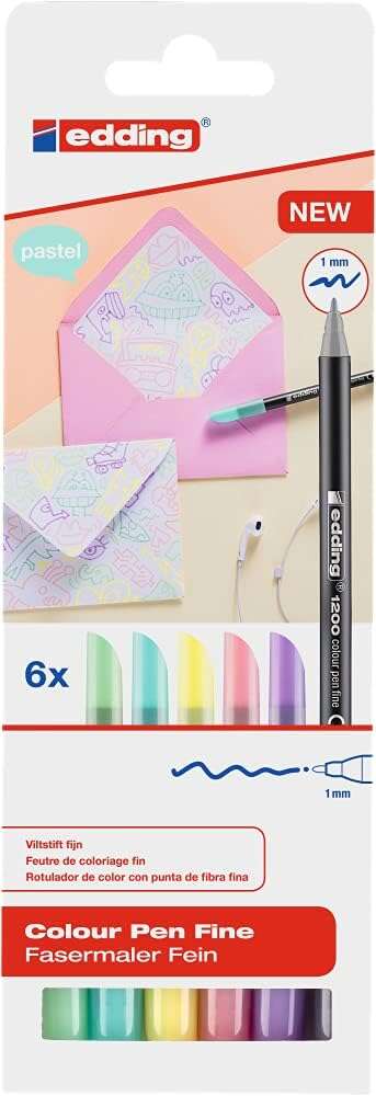 edding 1200 pastel pack de 6 rotuladores punta redonda trazo 1mm tinta con base de agua colores pastel surtidos