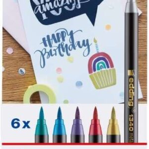 edding 1340 brush pack de 6 rotuladores punta pincel flexible trazo 1 3mm tinta con base de agua colores oro, rojo, azul, verde, gris y morado