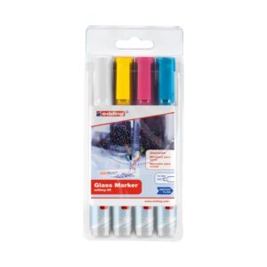 edding 95 pack de 4 rotuladores para cristal punta redonda trazo 1.5 3mm colores blanco, amarillo, rosa y azul