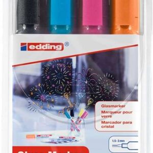 edding 95 pack de 4 rotuladores para cristal punta redonda trazo 1.5 3mm colores negro, naranja, rosa y azul