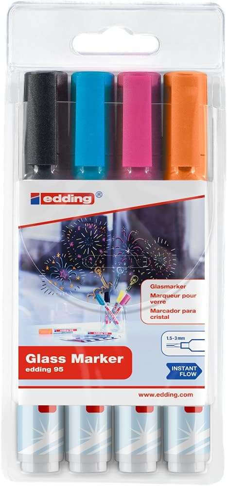 edding 95 pack de 4 rotuladores para cristal punta redonda trazo 1.5 3mm colores negro, naranja, rosa y azul