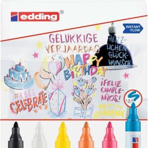 edding 95 pack de 6 rotuladores para cristal punta redonda trazo 1.5 3mm colores blanco, amarillo, negro, naranja, rosa y azul