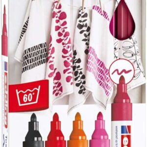 edding 4500 colores calidos pack de 5 rotuladores permanentes para textil punta redonda trazo 2 3mm olor neutro secado rapido colores negro, rojo, naranja, rosa y carmín