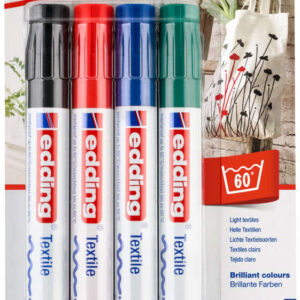 edding 4500 pack de 4 rotuladores permanentes para textil punta redonda trazo 2 3mm olor neutro secado rapido colores negro, verde, rojo y azul