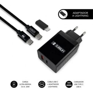 subblim cargador doméstico de 2 puertos 25w carga rápida pd 3.0/2.0/quick charge 3.0 4.0 2.0 cable usb c reversible color negro