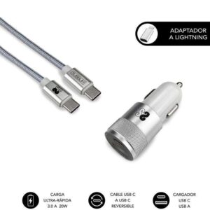 subblim cargador coche dual pd20w+qc3.0+c to c/lightning cable 20w carga rápida simultánea cable usb c reversible color plata