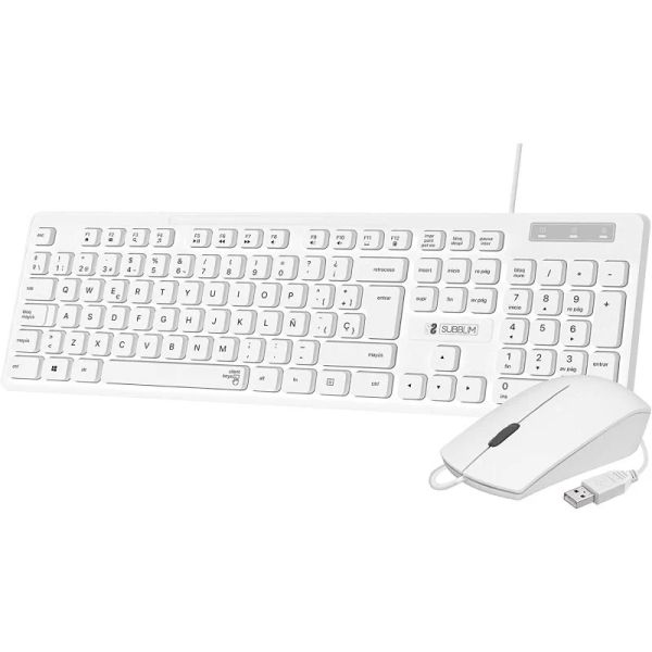 subblim combo business slim silencioso teclado y ratón ergonómico y resistente a salpicaduras conector usb plug & play ratón con precisión de 1200 dpi color blanco