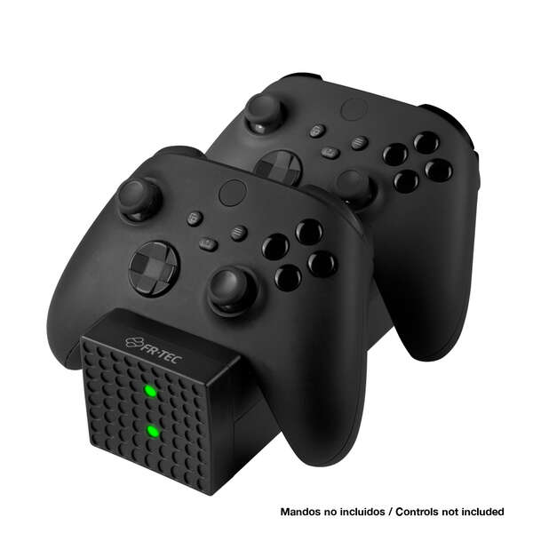 fr tec estacion de carga dual charging station compatible con xbox series x/s y xbox one diseño elegante funcionamiento sencillo leds indicadores de carga incluye baterias recargables de 1200mah y tapas de bateria color negro