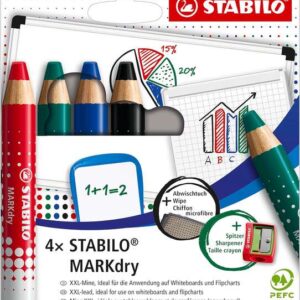 stabilo markdry pack de 4 marcadores para pizarra + sacapuntas + paño de limpieza mina xxl de 10mm madera 100% certificada prfc colores azul, verde, rojo y negro