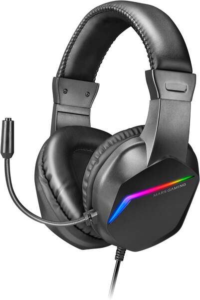 mars gaming auriculares mh122 ultraligeros con iluminacion frgb rainbow sonido hi fi ultra bass spatial sound diseño ergonomico cancelacion de ruido pasiva compatibilidad total multiplataforma color negro
