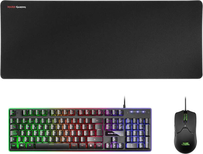 mars gaming pack premium 3 en 1 teclado hibrido h mech, raton ultra ligero 10k y alfombrilla xxl compatibilidad universal tecnologia h mech iluminacion frgb rainbow sensor optico 10000 dpi switches mecanicos kailh color negro