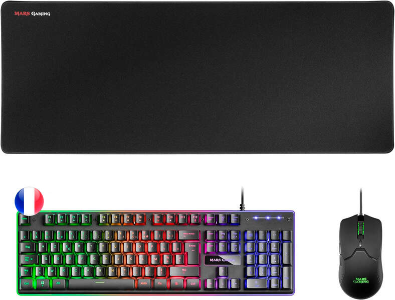 mars gaming pack premium teclado hibrido h mech raton ultra ligero 10k alfombrilla xxl compatibilidad universal tecnologia h mech iluminacion frgb rainbow raton 69g con cable feather sensor optico de 10000 dpi switches mecanicos kailh co