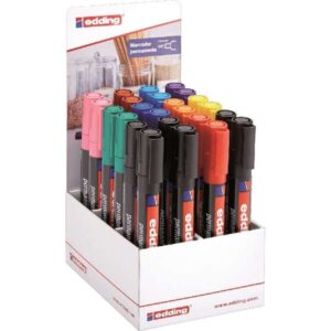 edding 300 expositor de 24 rotuladores permanentes punta redonda trazo entre 1.5 y 3mm tinta casi inodora capuchon con clip secado rapido colores surtidos