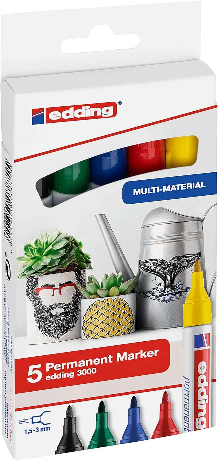 edding 3000 pack de 5 rotuladores permanentes punta redonda de 1.5mm trazo entre 1.5 y 3mm recargable secado rapido color surtidos