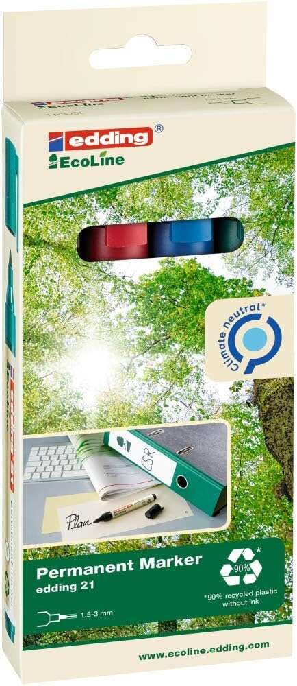 edding 21 ecoline pack de 4 rotuladores permanentes punta redonda trazo entre 1.5 y 3mm 90% de plastico reciclado colores surtidos