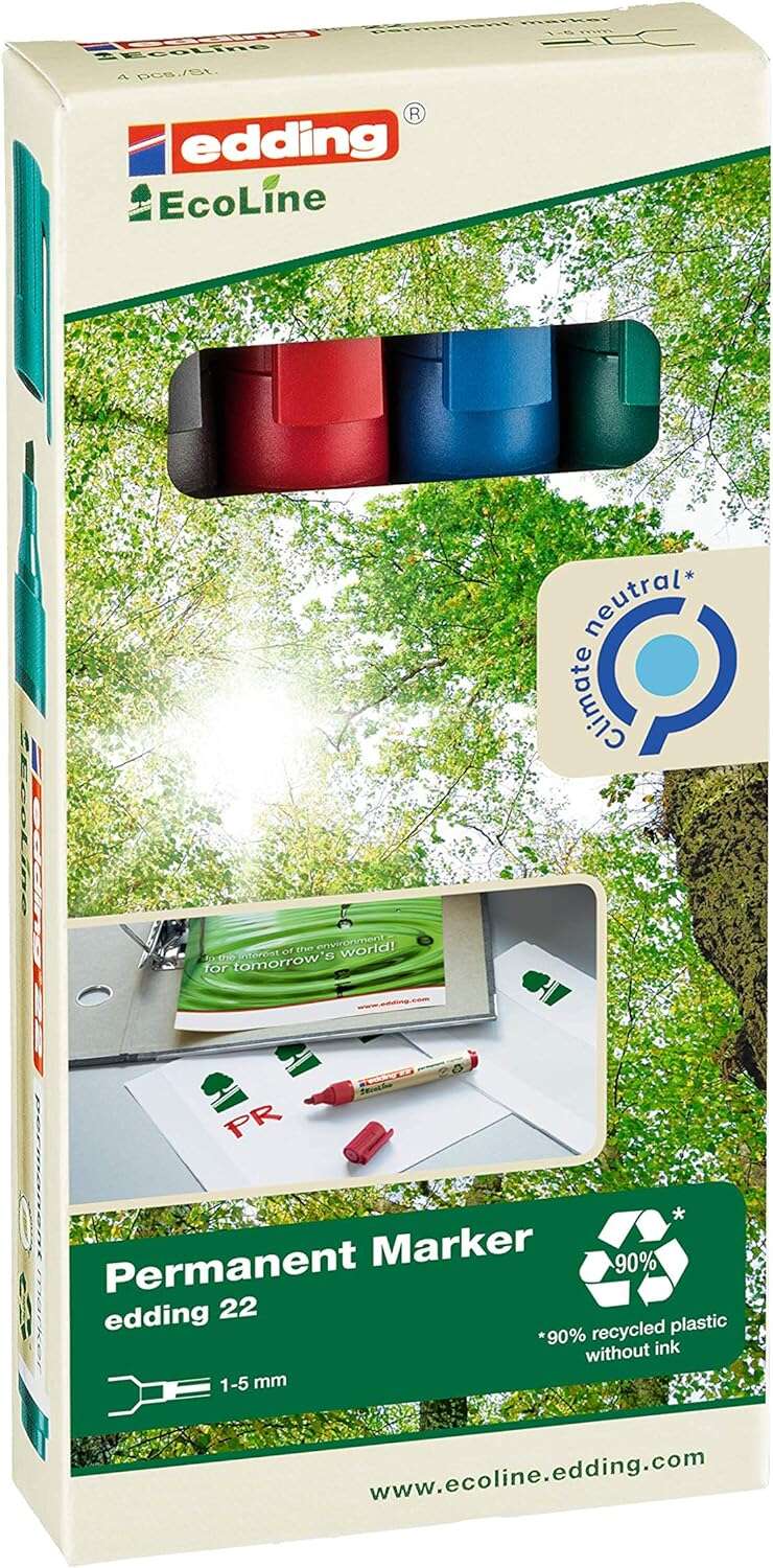 edding 22 ecoline pack de 4 rotuladores permanentes punta biselada trazo entre 1 y 5mm 90% de plastico reciclado colores surtidos
