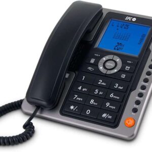 spc telefono fijo office pro pantalla iluminada azul teclas grandes memorias directas manos libres identificador de llamadas funciones de oficina diseño elegante color negro