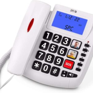 spc comfort volume 2 telefono fijo senior teclas extragrandes memorias directas con fotografia gran volumen de timbre señal luminosa en auricular funcion manos libres color blanco